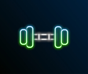 Glowing neon line Dumbbell icon isolated on black background. Muscle lifting icon, fitness barbell, gym, sports equipment, exercise bumbbell. Colorful outline concept. Vector