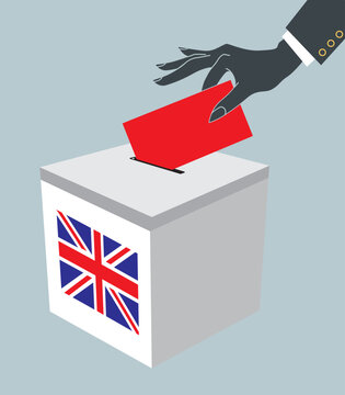 England Ballot box .Hand with ballot and box isolated on blue background 