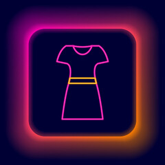Glowing neon line Woman dress icon isolated on black background. Clothes sign. Colorful outline concept. Vector