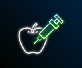 Glowing neon line Genetically modified apple icon isolated on black background. GMO fruit. Syringe being injected to apple. Colorful outline concept. Vector