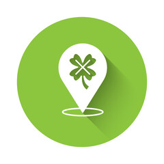 White Casino slot machine with clover symbol icon isolated with long shadow. Gambling games. Green circle button. Vector