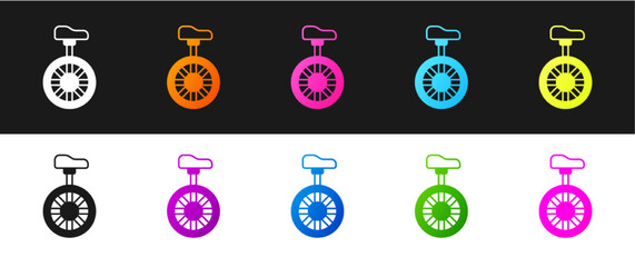 Set Unicycle or one wheel bicycle icon isolated on black and white background. Monowheel bicycle. Vector © Kostiantyn