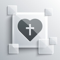 Obraz premium Grey Christian cross in heart icon isolated on grey background. Happy Easter. Square glass panels. Vector