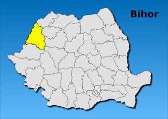 Map of Romania with map of Bihor county highlighted in yellow vector
