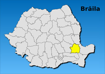 Map of Romania with map of Braila  county highlighted in yellow vector