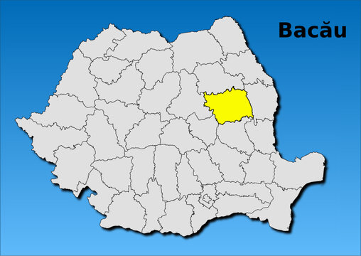 Map of Romania with map of Bacau county highlighted in yellow vector