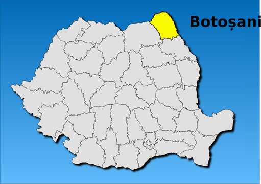 Map of Romania with map of Botosani county highlighted in yellow vector