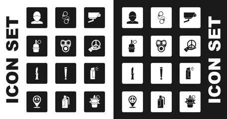 Set Security camera, Gas mask, Hand grenade, Vandal, Peace, Handcuffs, Pepper spray and Military knife icon. Vector