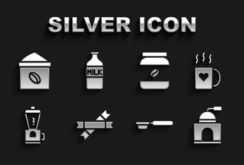 Set Sugar stick packets, Coffee cup and heart, Manual coffee grinder, filter holder, Electric, jar bottle, Bag beans and Bottle with milk icon. Vector