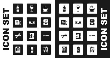 Set Coffee cup, to go, street truck machine, Bottle with milk, and conversation, Irish coffee, filter holder and Sugar stick packets icon. Vector