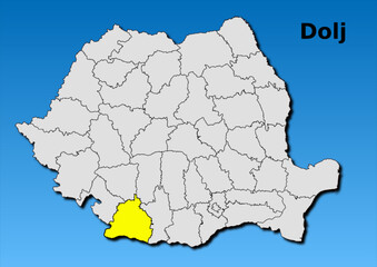 Map of Romania with map of Dolj county highlighted in yellow vector