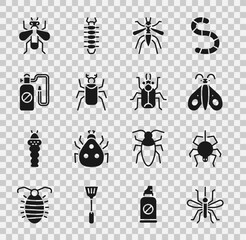 Set Mosquito, Spider, Butterfly, Beetle bug, Pressure sprayer, Insect and icon. Vector