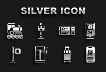 Set News, Information stand, E-ticket train, Suitcase, Cafe restaurant location, Train, Vintage locomotive and traffic light icon. Vector