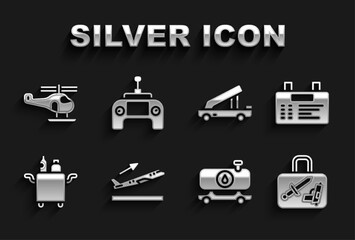 Set Plane takeoff, Airport board, Suitcase, Fuel tanker truck, Trolley for food, Passenger ladder, Helicopter and Drone remote control icon. Vector