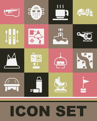 Set Location marker, Route location, Rescue helicopter, Hot chocolate cup, Folded map, Ski and sticks, Biathlon rifle and Award winner podium icon. Vector