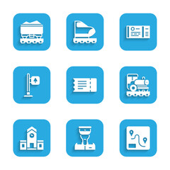 Set Train ticket, conductor, Route location, Vintage locomotive, Railway station, Road traffic signpost, and Coal train wagon icon. Vector