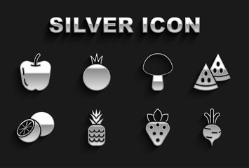 Set Pineapple, Watermelon, Beet, Strawberry, Orange fruit, Mushroom, Apple and Tomato icon. Vector