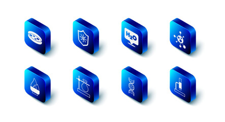 Set Shield protecting from virus, Chemical formula for H2O, Molecule, Microscope, DNA symbol, Test tube flask on stand, Alcohol spirit burner and Petri dish with bacteria icon. Vector