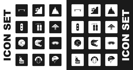 Set Mountains, Aqualung, Snowboard, Longboard or skateboard, Hang glider, Landslide, Ski goggles and Helmet icon. Vector
