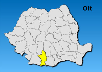 Map of Romania with map of Olt  county highlighted in yellow vector