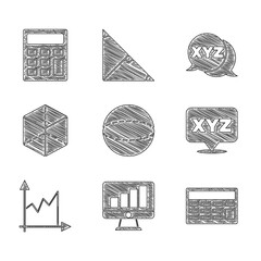 Set Geometric figure Sphere, Computer monitor with graph chart, Calculator, XYZ Coordinate system, Graph, schedule, diagram, Cube, and icon. Vector