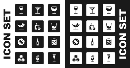 Set Wine glass, Beer tap with, Cocktail, Glass of vodka, Martini, Pickled cucumbers jar and Bottle cap icon. Vector