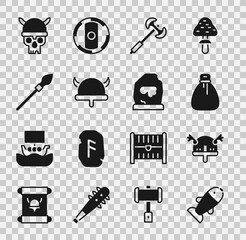 Set Fish, Viking in horned helmet, Old money bag, Medieval poleaxe, spear, Skull with viking and Magic rune icon. Vector
