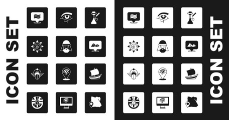 Set Hookah, Egyptian man, Sun, Flag Of, pyramids, Eye of Horus, ship and Scarab icon. Vector