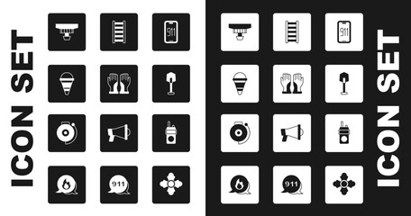 Set Mobile emergency call 911, Firefighter gloves, cone bucket, Smoke alarm system, shovel, escape, Walkie talkie and Ringing bell icon. Vector