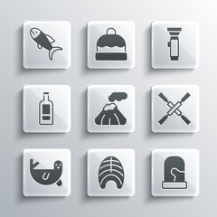 Set Fish steak, Christmas mittens, Oars or paddles boat, Volcano, Fur seal animal, Bottle of vodka, and Flashlight icon. Vector