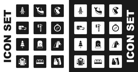 Set Albatross, Wooden axe, Car, Lupine flower, Compass, Whale, Horse and Tree icon. Vector