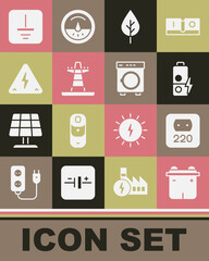 Set Car battery, Electrical outlet, Battery charge, Leaf Eco symbol, tower line, High voltage, ground and Washer icon. Vector