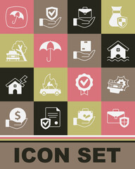 Set Briefcase with shield, Car accident, House flood, Hand holding briefcase, Umbrella, damaged by fallen tree, and Delivery insurance icon. Vector