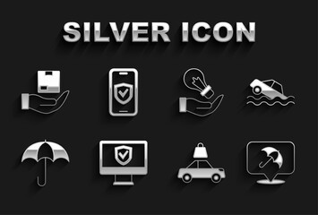 Set Insurance online, Flood car, Umbrella, Car insurance, Light bulb hand, Delivery and icon. Vector
