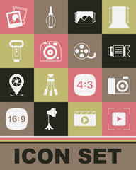 Set Camera focus frame line, Photo camera, photo lens, flash, and Film reel icon. Vector