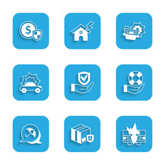 Set Shield in hand, Delivery security with shield, Car accident, Lifebuoy, Umbrella, and Money icon. Vector
