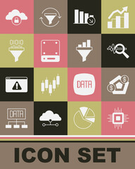 Set Processor CPU, Financial growth, Search data analysis, decrease, Server, Binary code, Cloud computing lock and Sales funnel with chart icon. Vector