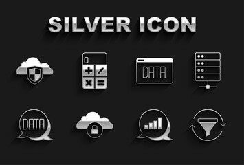 Set Cloud computing lock, Server, Sales funnel with chart, Pie infographic, Data analysis, and shield and Calculator icon. Vector