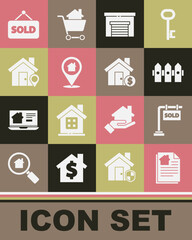 Set House contract, Hanging sign with Sold, Garden fence wooden, Garage, Location house, text and dollar symbol icon. Vector