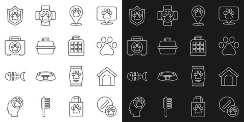 Set line Dog pill, house, Paw print, Location veterinary, Pet carry case, first aid kit, Animal health insurance and icon. Vector
