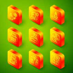 Set line Marketing target strategy, Location on the globe, Rocket, Printer, Mountains with flag, Piece of puzzle, Two sitting men talking and People lamp bulb icon. Vector