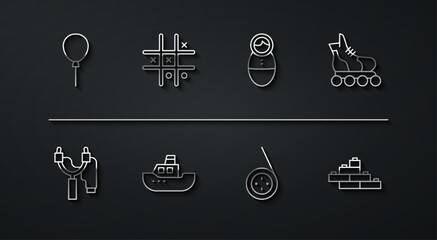 Set line Balloons with ribbon, Slingshot, Roller skate, Yoyo toy, Toy boat, Tic tac toe game, building block bricks and Tumbler doll icon. Vector