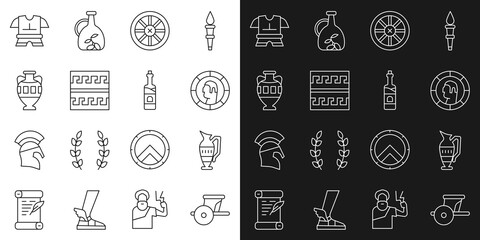 Set line Ancient chariot, amphorae, Greek coin, Old wooden wheel, pattern, Body armor and Bottle of wine icon. Vector