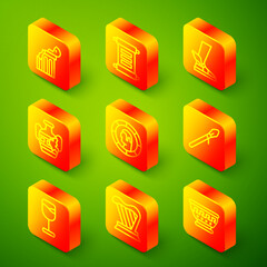 Set line Broken ancient column, Decree, parchment, scroll, Hermes sandal, amphorae, Ancient Greek coin, Medieval spear, Wine glass and Harp icon. Vector