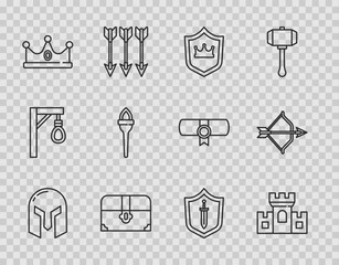 Set line Medieval iron helmet, Castle, fortress, Shield with crown, Antique treasure chest, King, Torch flame, shield sword and bow and arrow icon. Vector