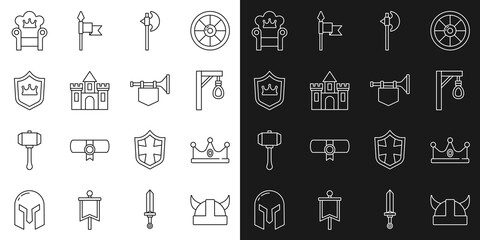 Set line Viking in horned helmet, King crown, Gallows, Medieval axe, Castle, fortress, Shield with, throne and Trumpet flag icon. Vector