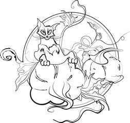 Trick or Treat coloring page. Halloween coloring page for kids. Cartoon children in Halloween costumes