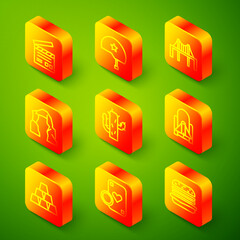 Set line Movie clapper, Military helmet, Golden gate bridge, Grand canyon, Cactus, Rocket launch from the spaceport, bars and Casino chip playing cards icon. Vector