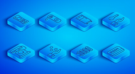 Fototapeta premium Set line Remote control, Door handle, Refrigerator, Paying tips, Heating radiator, Hotel door lock key, Telephone handset and card icon. Vector