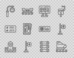 Set line Railway station, High-speed train, Ticket office to buy tickets, Road traffic signpost, Train clock, News, Railway, railroad track and Cafe and restaurant location icon. Vector